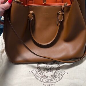 Lauren Ralph Lauren Tan Leather Tote with Orange Interior